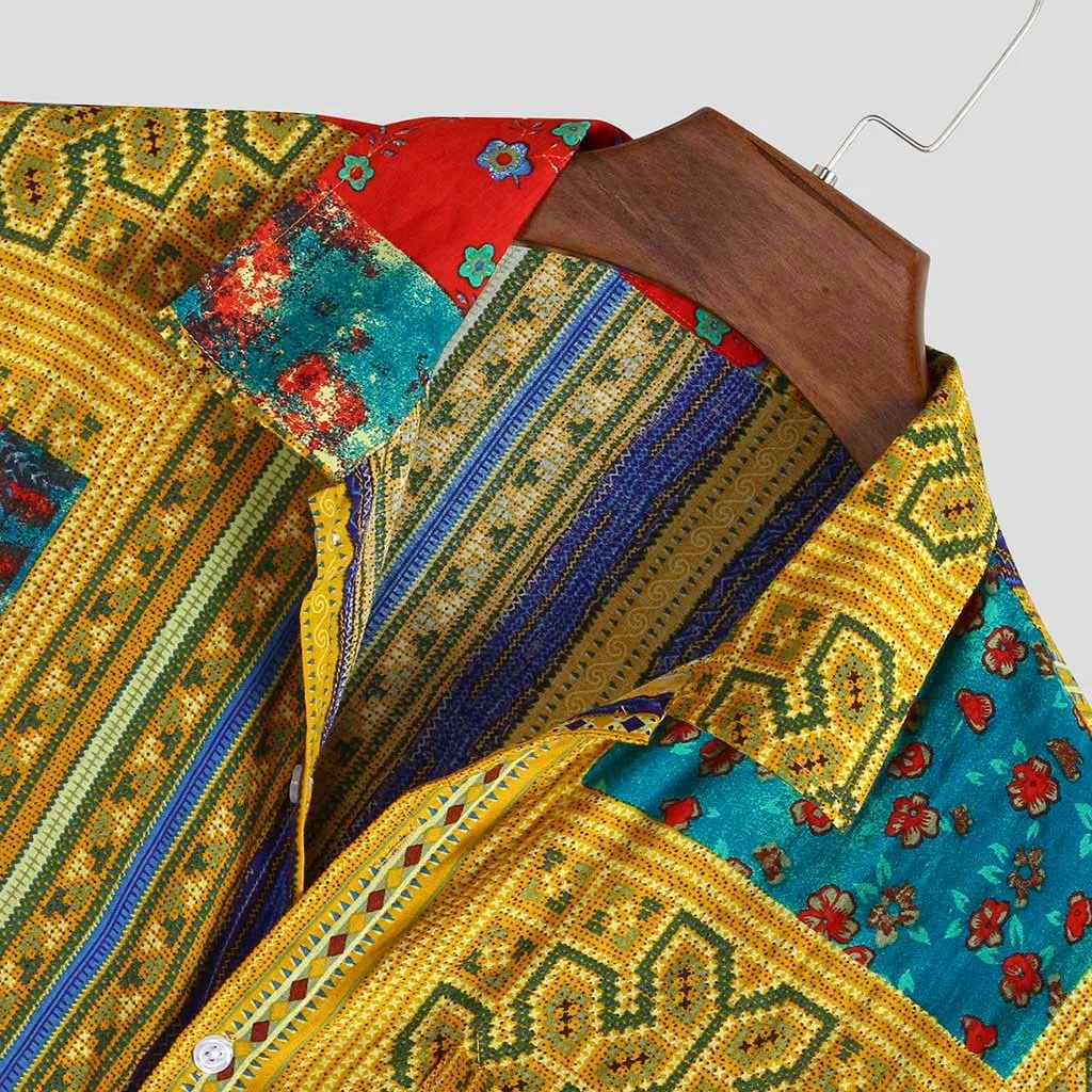 

Men's hot sale summer shirt retro ethnic print lapel short sleeve loose casual shirt large size ethnic print shirt Q6