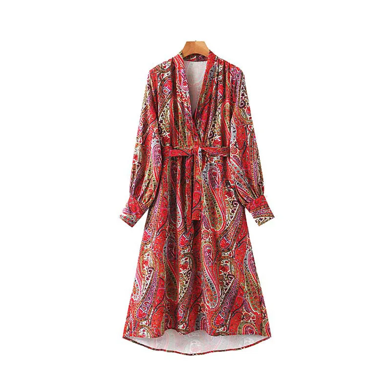 Женское шикарное платье миди с принтом пейсли v образный вырез галстук бабочка