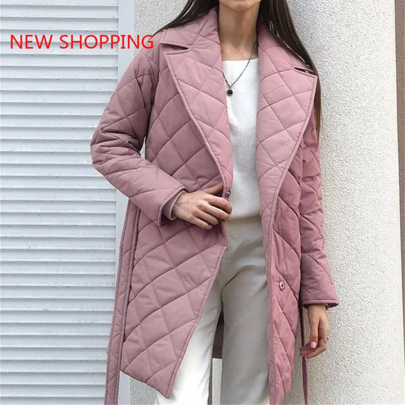 Casual Rhombus Cotton Coats Women Winter Parkas Sashe Lae Up Long Deep Pockets Straight Jackets Female 2023 Warm Outerwear Brown