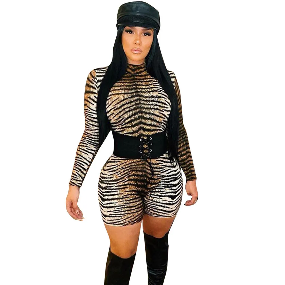 Животный принт Гепард облегающие шорты-комбинезон женские с длинным рукавом