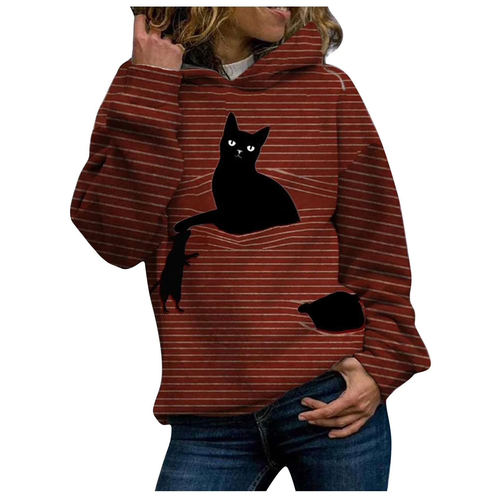 Women Hood Stripe 3d Cat Printing Hoodie Long Sleeves Pullover Sweatshirt Tops Streetwear Women Oversized Hoodies Sudaderas