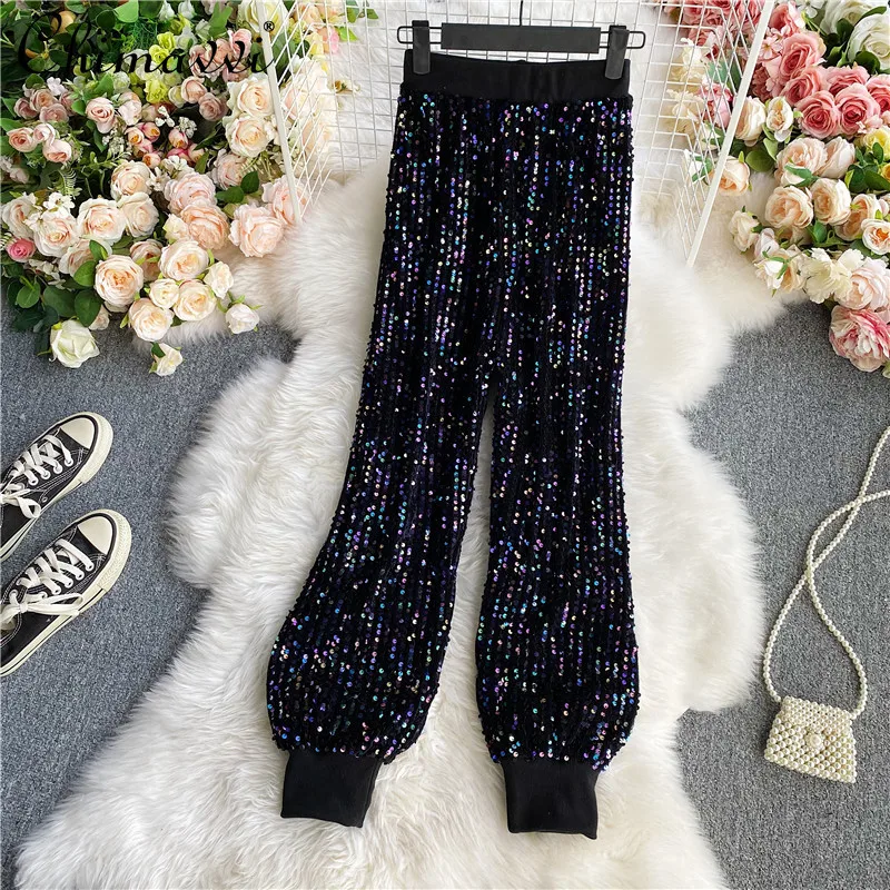 

2021 Autumn and Winter New Korean Fashion Elastic Waist Sequined Sweatpants Casual Gold Velvet Streetwear Trousers All-matching