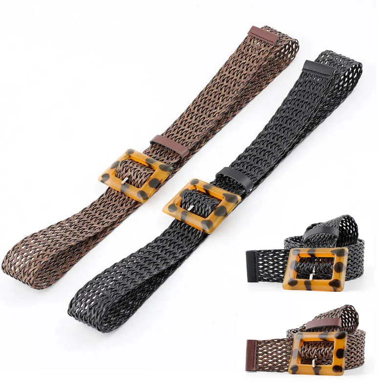 

Q Vintage Men Women Elastic Leisure Braided Female Belt Bohemia Style Wood Buckle Wide Belt Waistband Wide Belts For Unisex