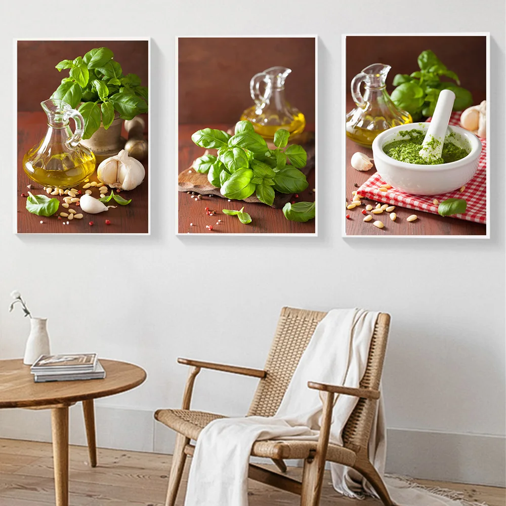 Растения и ингредиенты базилика для соуса постер с оливковым маслом картина на