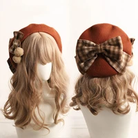 kawaii beret hat lolita teenage heart sweet woolen handmade cute plaid bowknot warm autumn winter painter hat headdress
