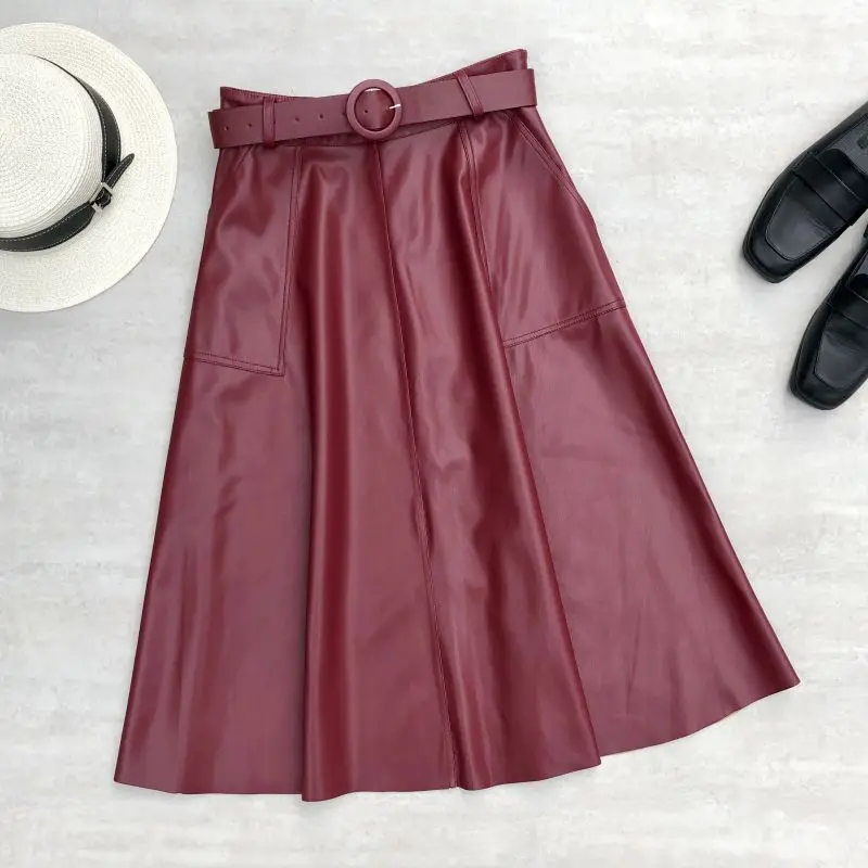 

Winter Belted Mid Skater Leather Skirts Pockets Swing Colored Faux Leather Flared Knee Length Skirts Burgundy Khaki Army Green