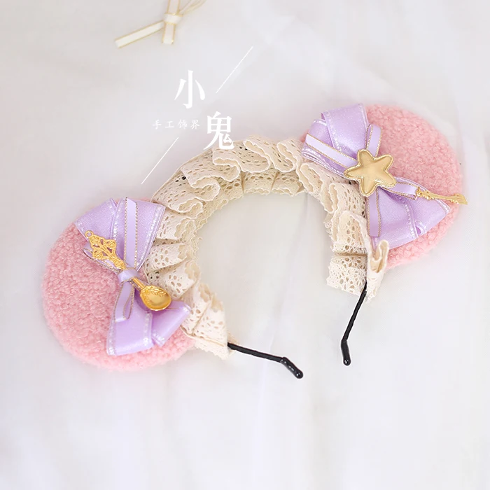 Light Purple Лолита медвежьими ушками, повседневное Хлопковое платье, повязка на голову, повязка на голову с милым бантом KC аксессуары для волос в стиле «лолита» повседневные милые Hairhoop ручной работы украшения для волос Косплэй - Цвет: Light Purple