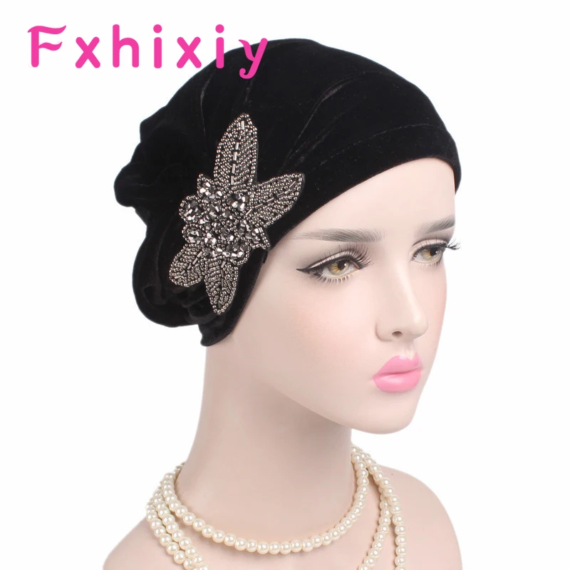 

Muslim Women Velvet Satin Flower Rhinestone Turban Hat Cancer Chemotherapy Chemo Beanies Caps Headwear Headwrap Hair Accessories