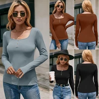 2021 fashion autumn square collar long sleeved slim single breasted t shirt shirt solid color ken strip bottoming top women