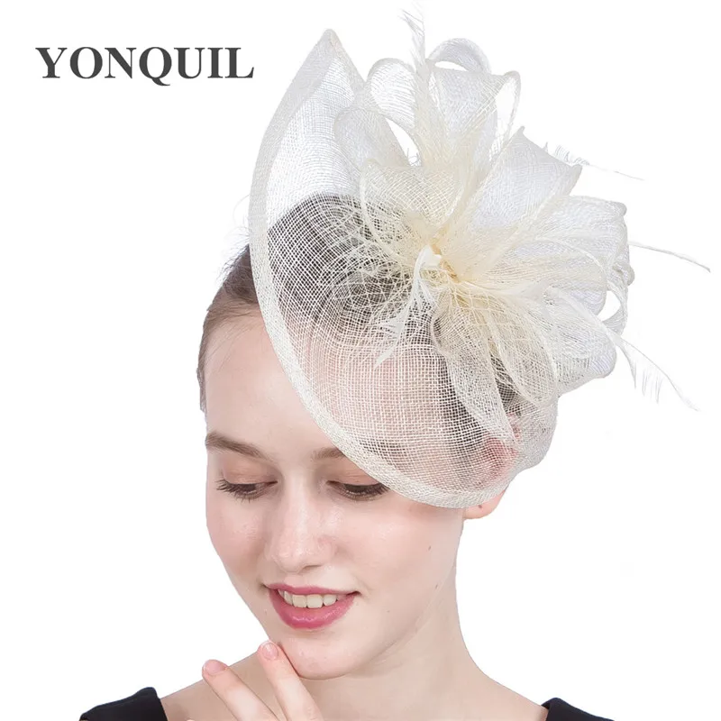 

Ivory Kentucky Sinamay Fascinators Church Hats With Feather Derby Event Occasion Wedding Hair Accessories NEW ARRIVAL 20 Colors