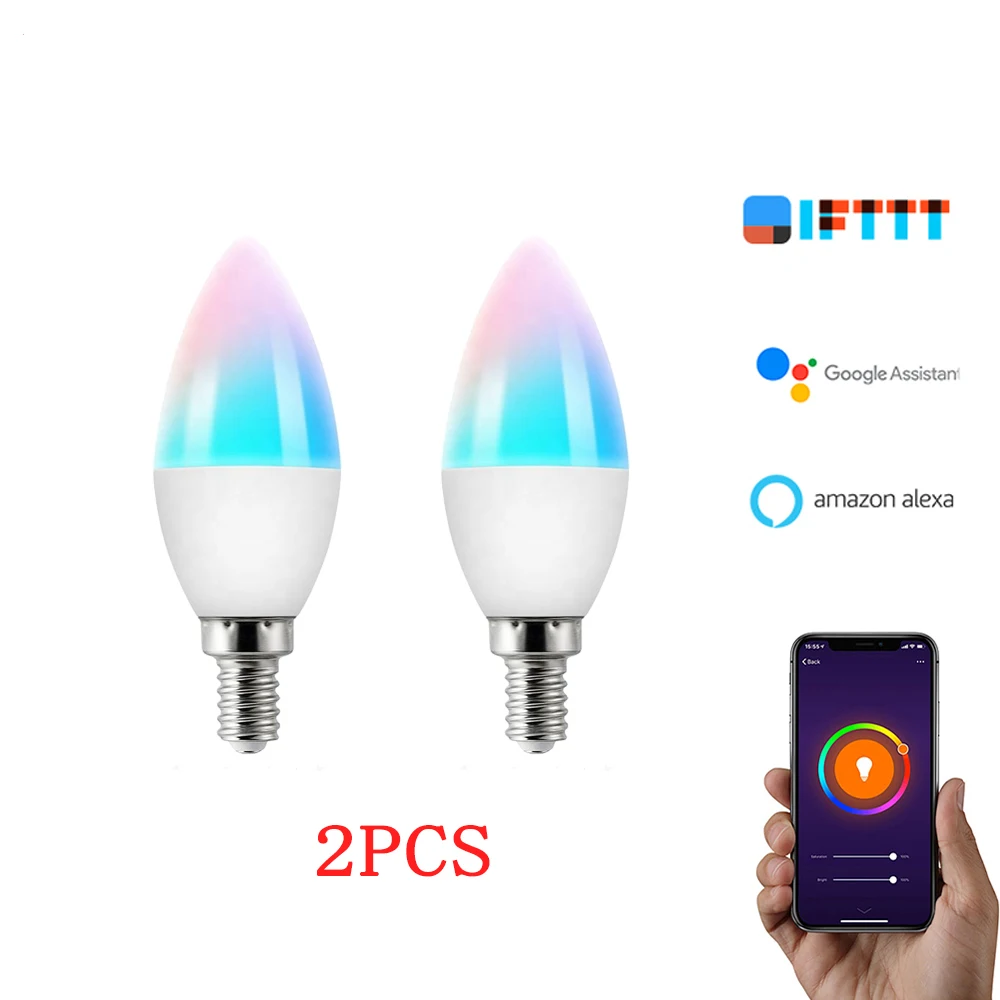 

2Pcs Smart Bulb E14 RGB CW Wifi Dimmable LED Lamp Voice Control Magic Bulb 3.5W Candle Work With Alexa Google Home Assistant
