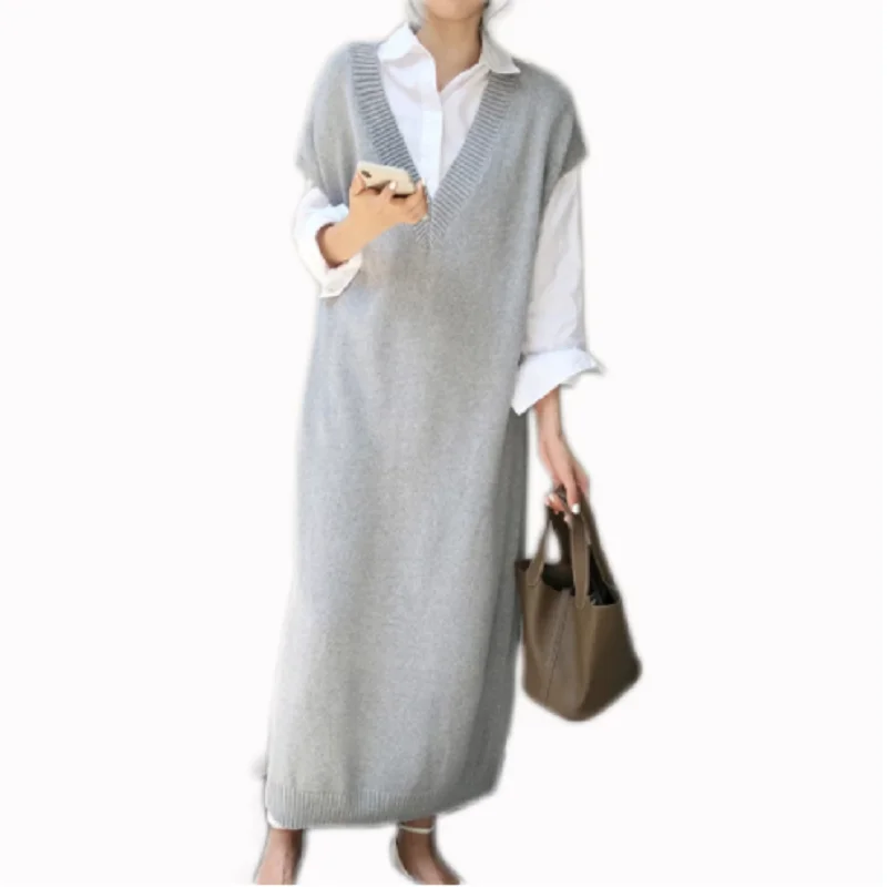 

Spring And Autumn Grey Women's V-Neck Long Vest Coat Loose Street Fashion Urban Large Sweater BF Style And Ankle Dress
