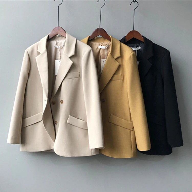 

New 2021 Autumn Winter Women's Blazers Oversize Buttons Pockets Jackets Notched Vintage Office Lady Wild Tops
