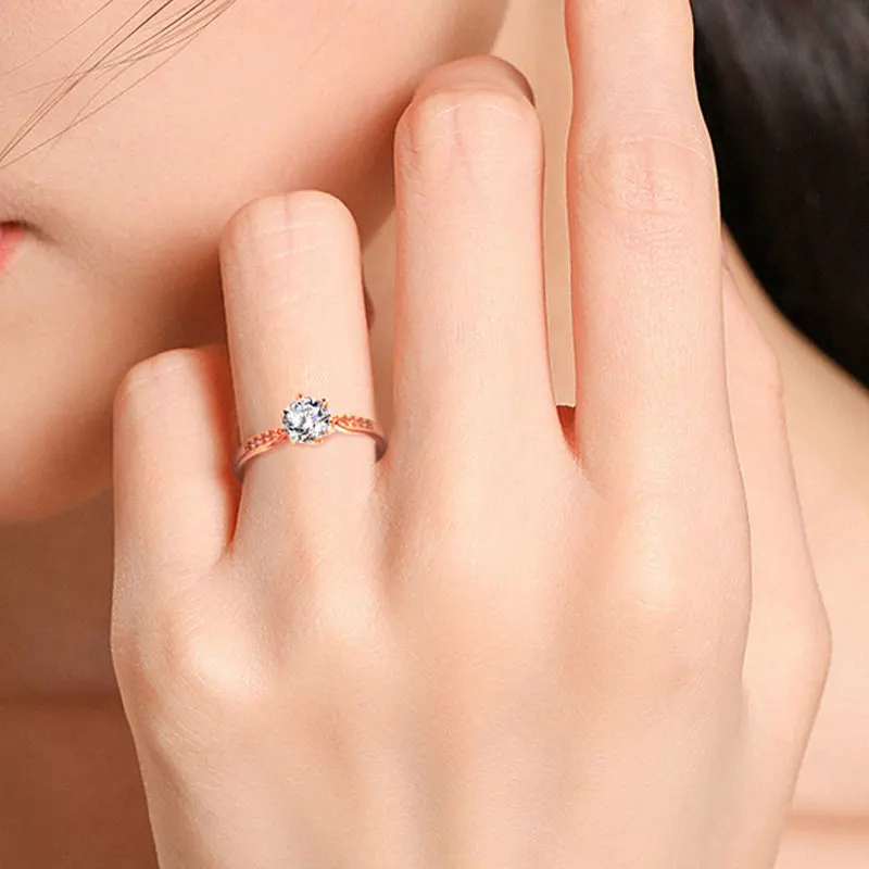 

COLORFISH Rose Gold Color 925 Sterling Silver Round Cut Cubic Zirconia Solitaire Engagement Ring For Women Anniversary Jewelry