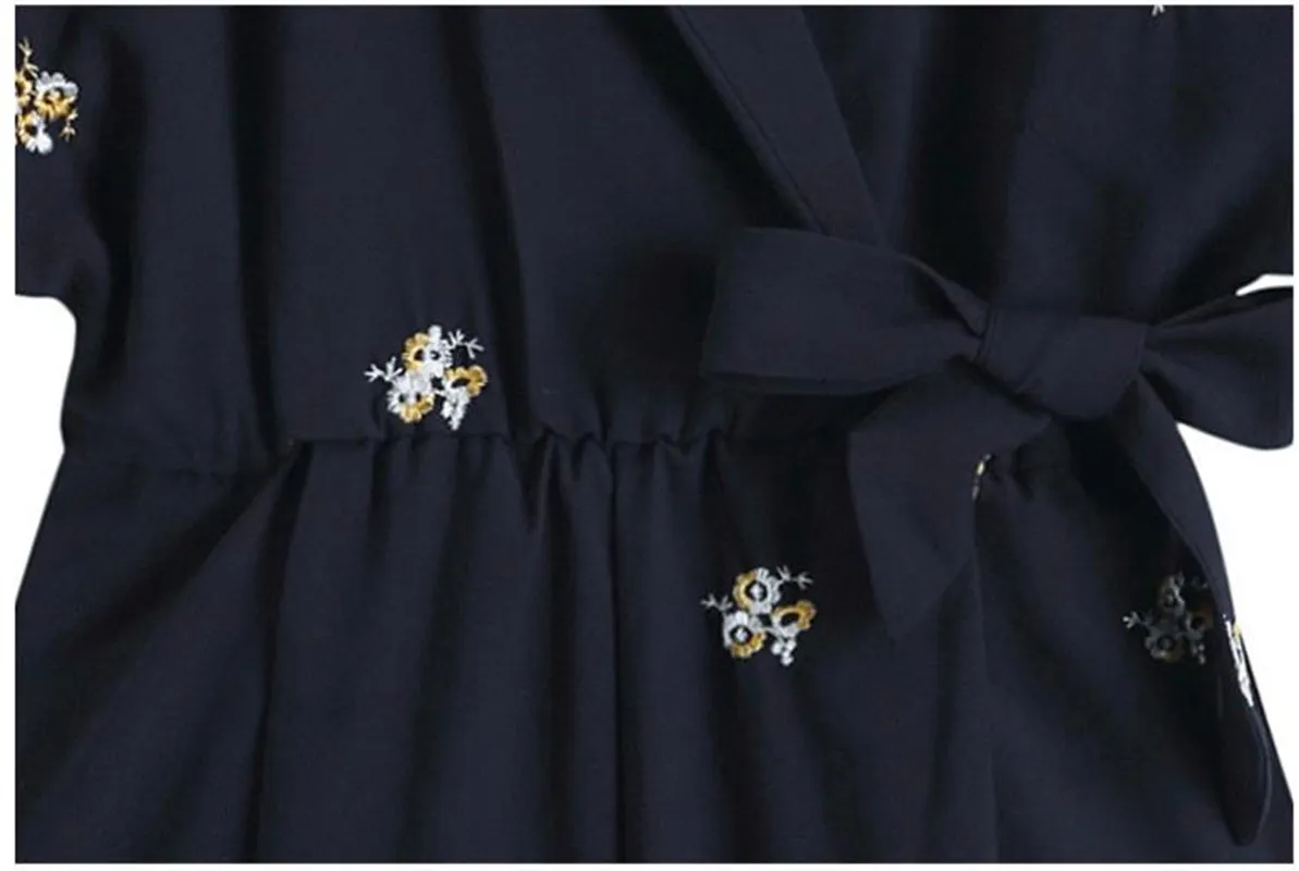 

2021 Summer Girls New Romper Women Casual Elegant Office Short Sleeve Slim Floral Embroidery Navy Wide Leg Playsuits Jumpsuit M