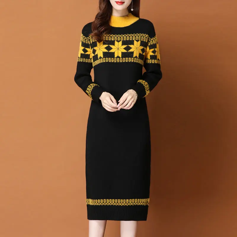 2020 Winter Womens Female Clothes Patchwork Long Sleeve Knit wool Sweater Dress , Korean  party omighty Dresses