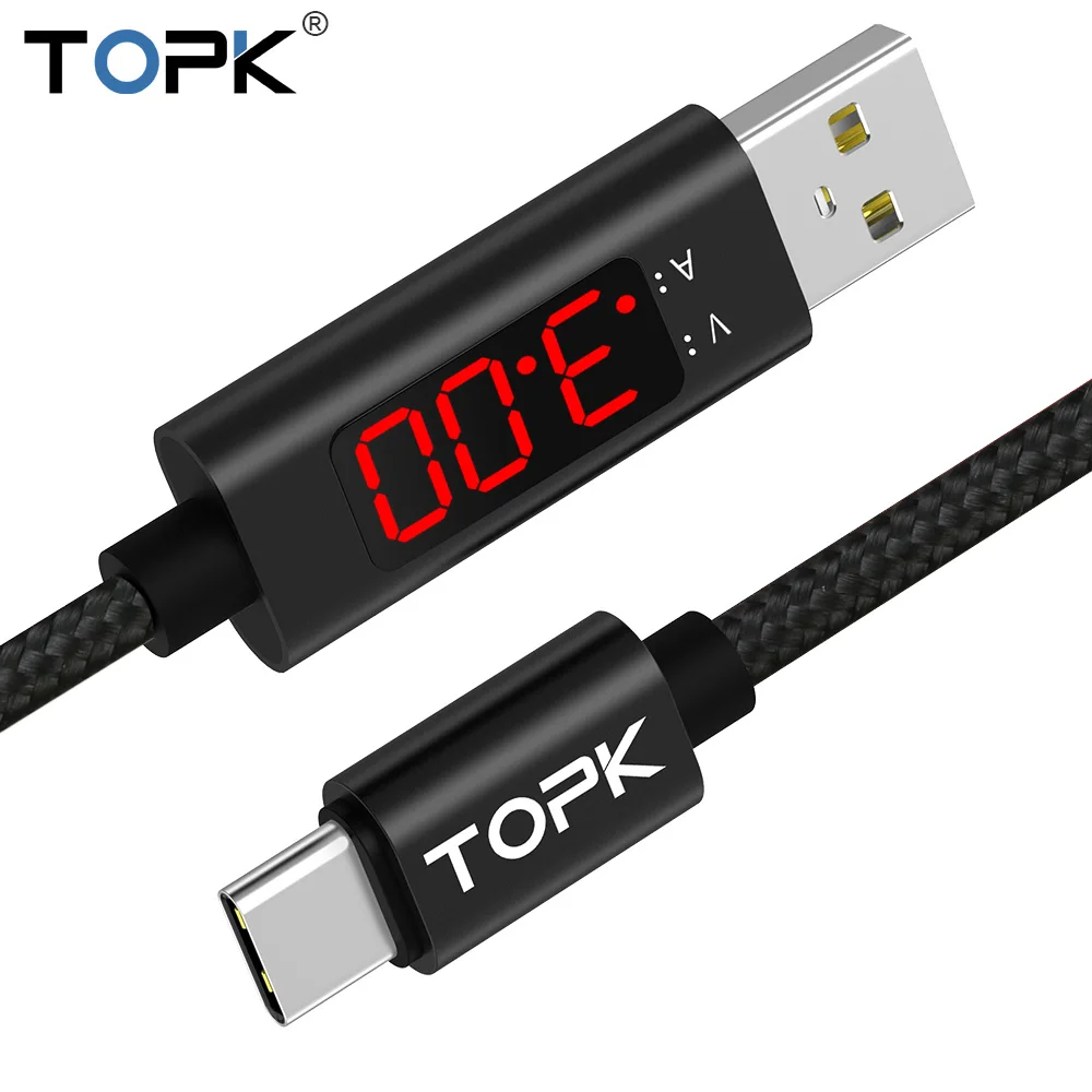 Кабель TOPK DLine1 usb type C с дисплеем напряжения и тока нейлоновый плетеный кабель для
