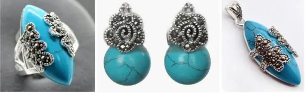 Набор ювелирных жемчужин Винтаж синий камень 925 пробы Серебряный марказит кольцо