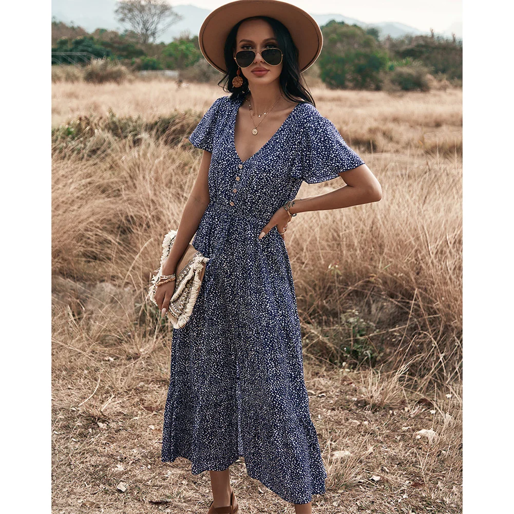 

Women's Wave Dot V-neck Dress Short Sleeve High Waist Flowy Dress for Party Beach Summer A66