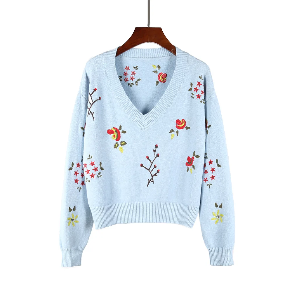 Женский вязаный свитер в стиле ретро свободный с длинным рукавом и v-образным