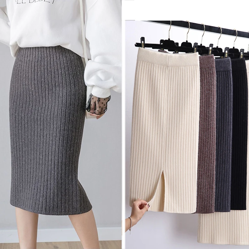 

2020 Women Office Skirt Spring autumn Sexy Warm Knitted Black Pencil Skirts Ladies High Waist Elegant Long Skir Party Club Skirt