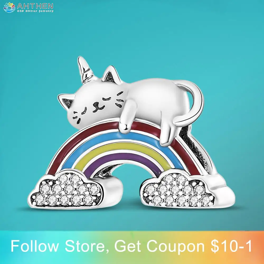

Ahthen 925 Sterling Silver Beads Rainbow Cloud Cat Charm fit Original Pandora Bracelets Fashion Fine Jewelry Gift