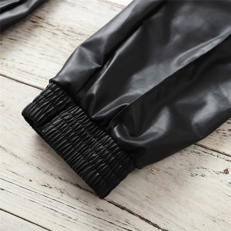

Fashion Women Black High Waist Faux Leather Pants Casual Elastic Waist Ankle Length Cargo Pants