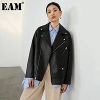 eam loose fit pu leather black big size jacket new notched collar long sleeve women coat fashion autumn winter 2021 1dd4389