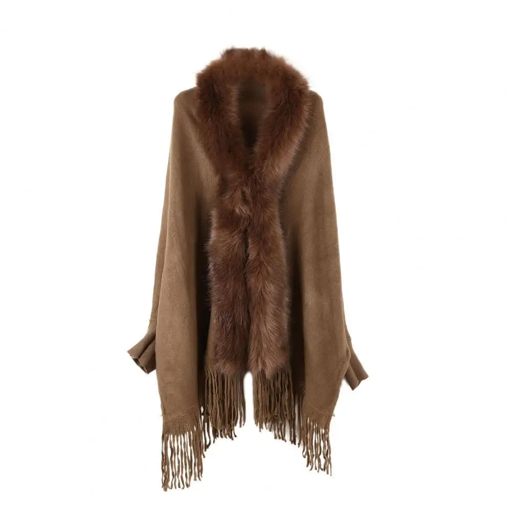 

Long Sleeve Open Stitch Cape Coat Fall Winter Artificial Fur Collar Tassel Hem Women Poncho Outerwear