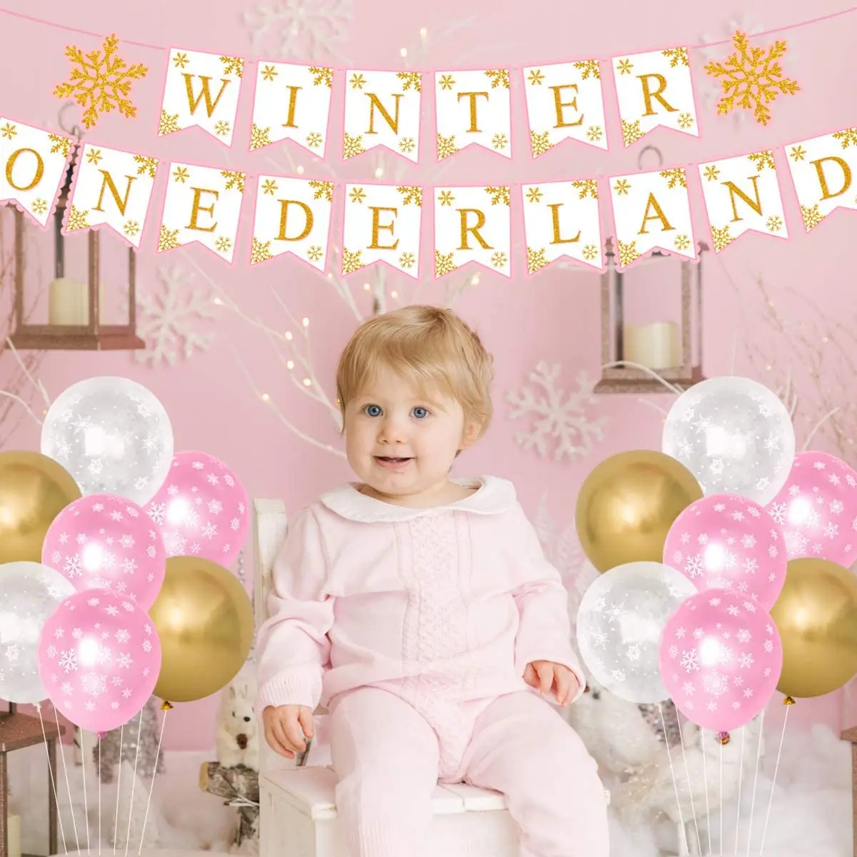 Decoraciones de cumplea&ntilde;os para ni&ntilde;a, copo de nieve de invierno de oro rosa, suministros de primera fiesta, conjunto de copo de nieve congelado, flores de papel, Topper de una primera tarta-2
