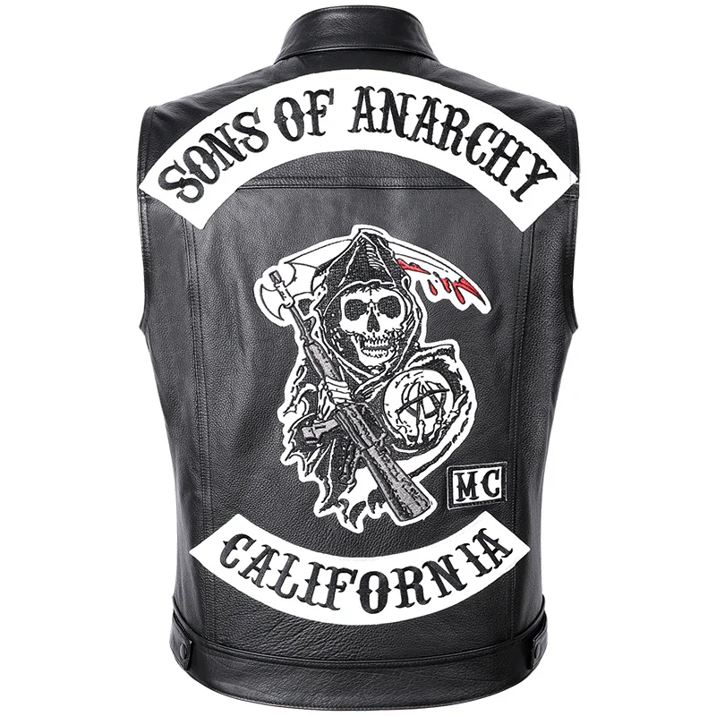 

Anarchy Of Sons Skull Genuine Leather Vest Cowhide Motorcycle Biker SlimSleeveless Jacket Support customization Motorcade Vests