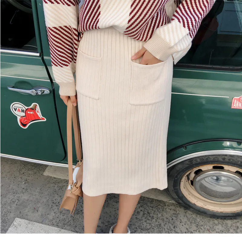 

New Fashion 2 Piece Set Women Striped Loose Knitted Sweater + Pencil Pocket Skirts Suit Female Two-pieces Set Women's Clothing