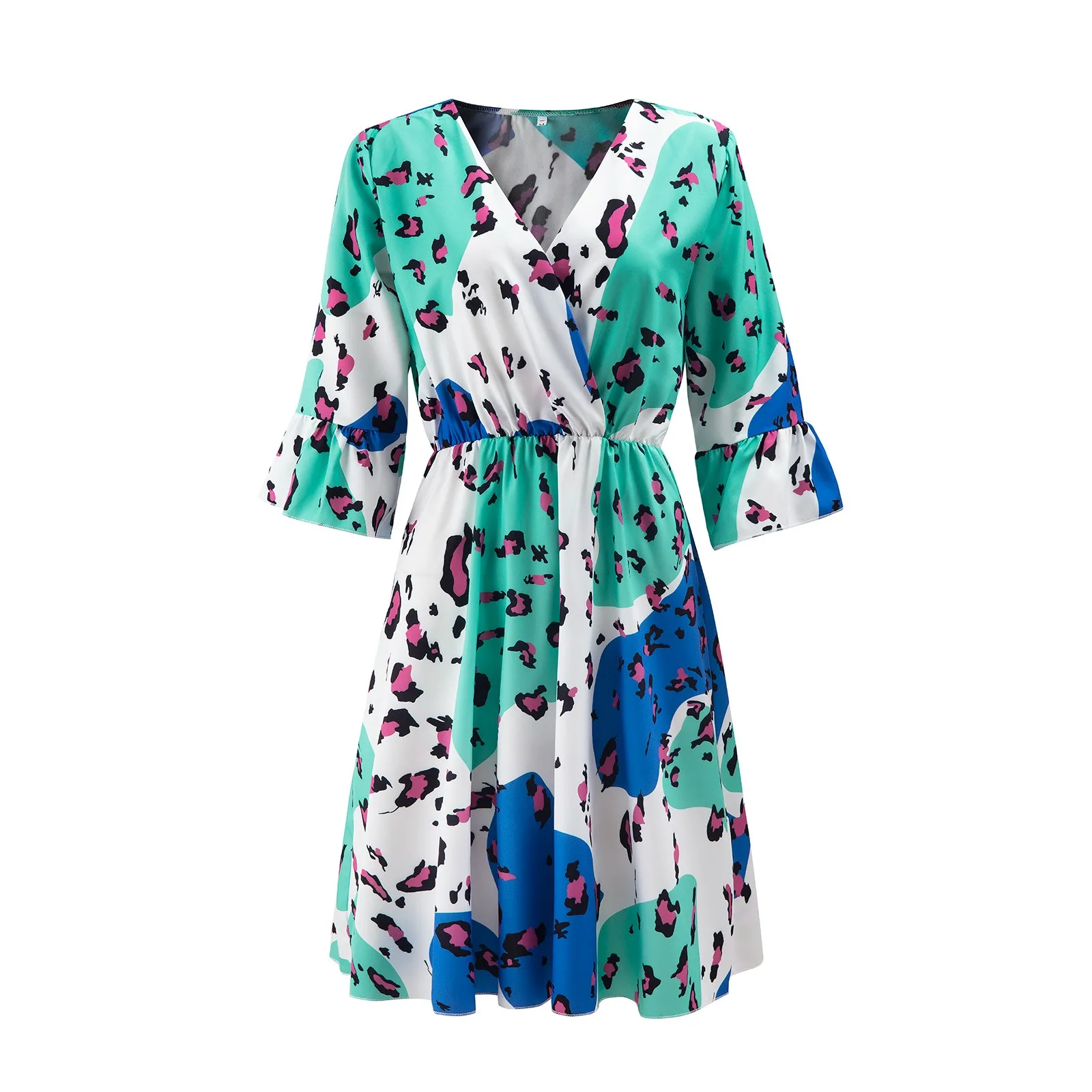 

2021 Summer Fashion Sexy Leopard Printed Women's V-Neck Half Sleeve Casual Loose Knee-Length Dress A-line Mini Beach Boho Robe