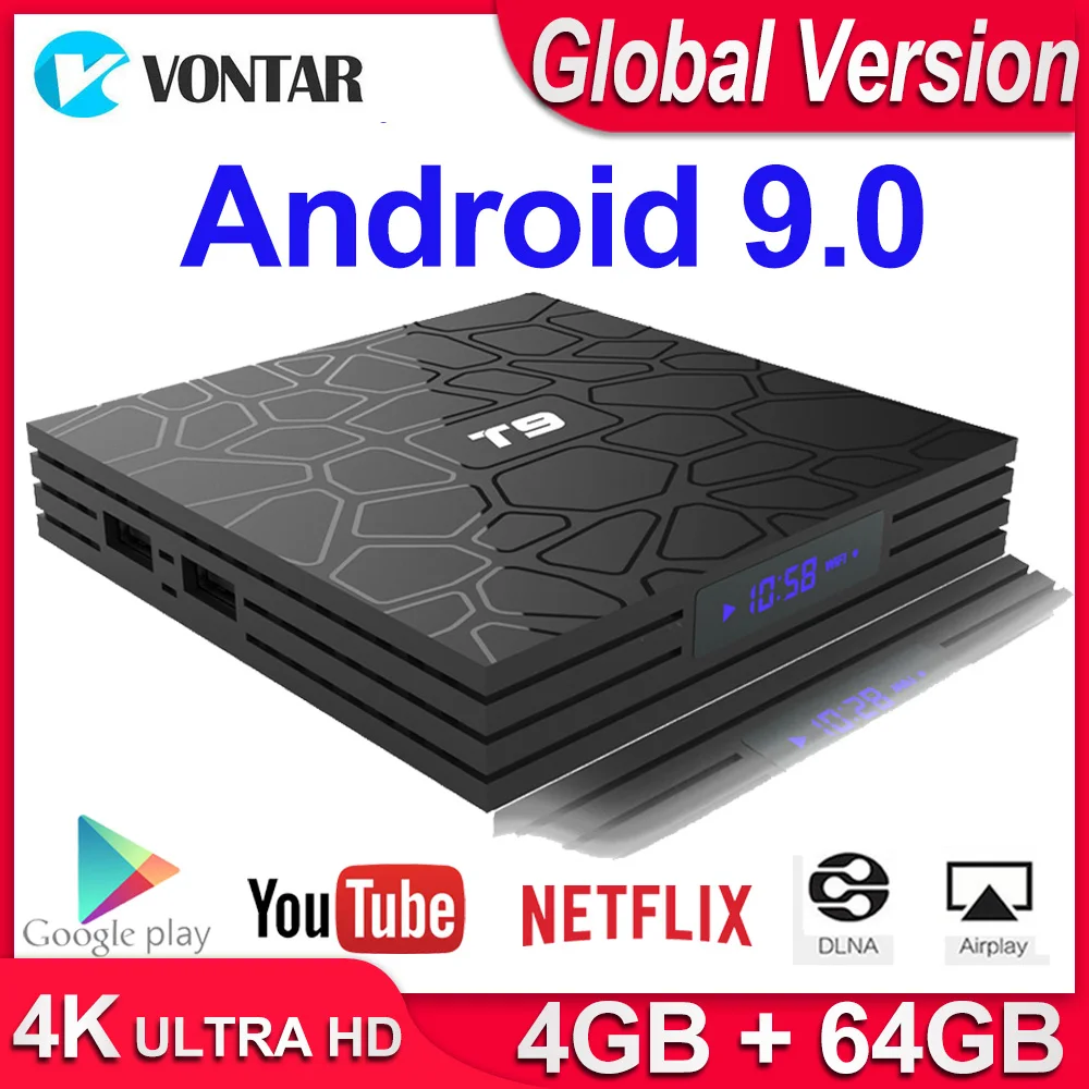 Android 9,0 ТВ приставка T9 Смарт ТВ приставка 4K четырехъядерный медиаплеер 4 Гб ram 32 ГБ/64 Гб rom H.265 2,4G/5G wifi USB 3,0 ТВ приставка телеприставка