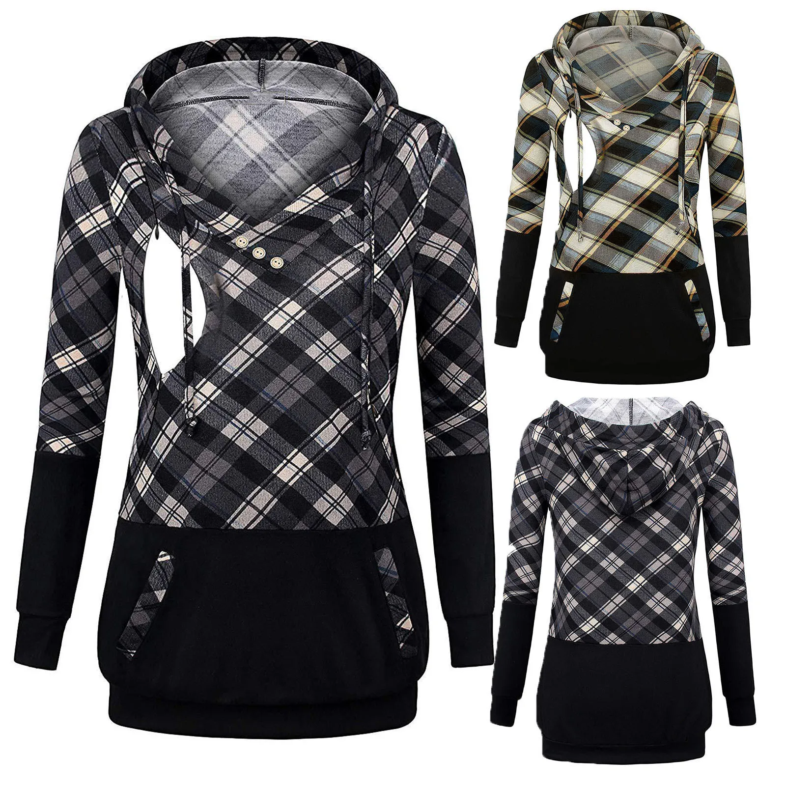 

Maternity Stitching Long Sleeve Hood Top Winter Women's Multifunctional Lactation Plaid Pregnants Women Breastfeeding Blouse New
