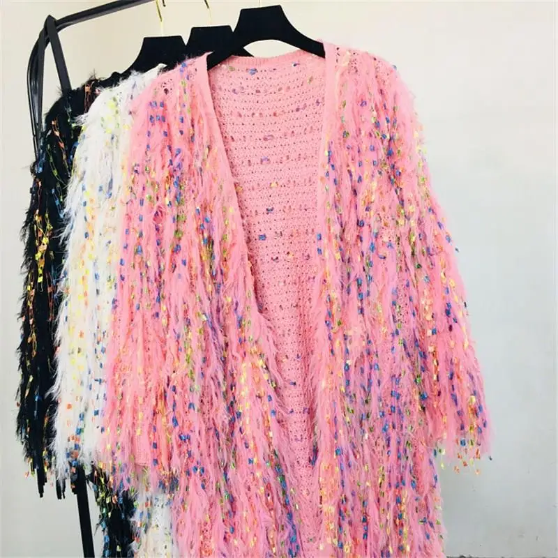 Women Autumn Sequins Tassels Sweater Coat Crocheted V-Neck Fluffy Outwear Color Fringed Velvet Long Knitted Jacket