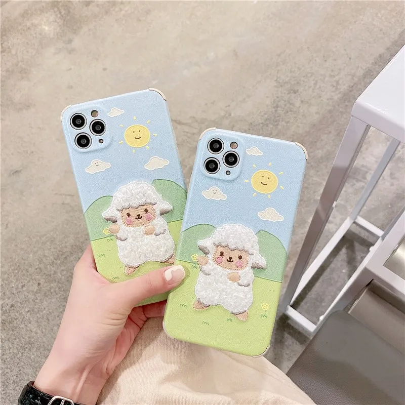 

Cute Embroidery sheep Couple soft Case For iPhone 11 12 Pro Max mini 7 8 Plus XR X XS MAX SE 2 pu leather phone cover fundas