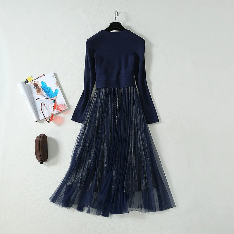 

Arrival Dress New 2021 Spring Autumn Casual Long Sweater Dress Women Lurex Mesh Patchwork Long Sleeve Pleated Dress Knitted