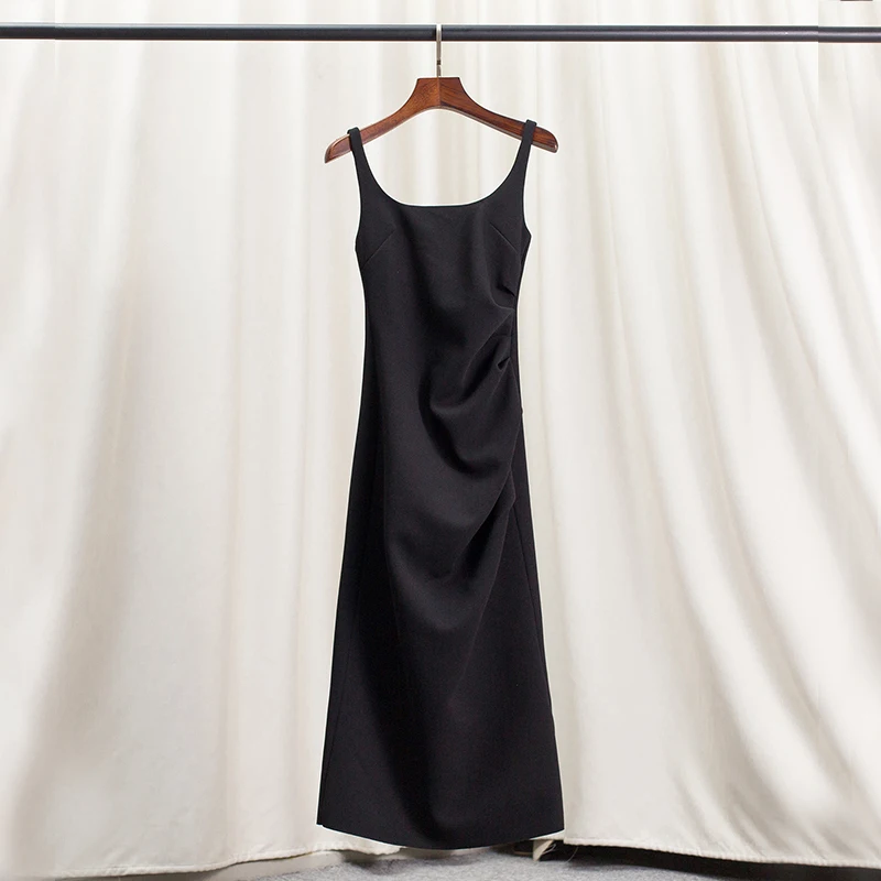 

Light And Elegant One-Shoulder Clavicle Black Square Neckline With Open Back Sling Long Slim Sexy Folds Waist Dress