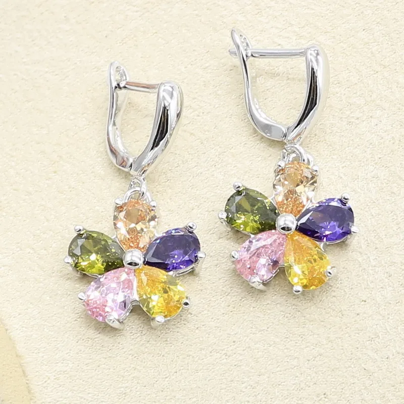 Цветок Форма многоцветный циркон серебряный цвет набор украшений для женщин