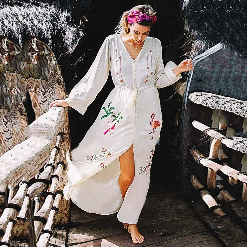 Хлопковый пляжный кафтан с вышивкой накидка для купания купальник бикини туники