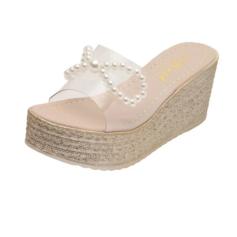 

Summer Fashion Sweet Style Pearl Bow Thick 7.5cm Ladies Slippers Transparent Slope High Heel Women Shoelaces Waterproof Platform