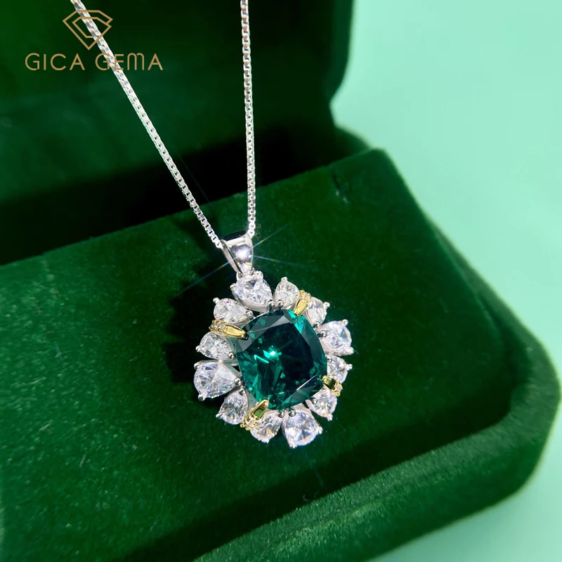 

GICA GEMA 925 Sterling Silver Created Moissanite Emerald Gemstone Wedding Engagement Pendent Necklace Fine Jewelry Wholesale