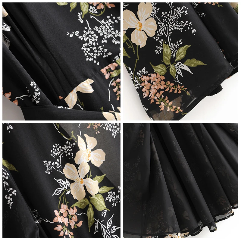 ROHOPO wrap V воротник элегантное цветочное черное платье миди пояс-бабочка дамское