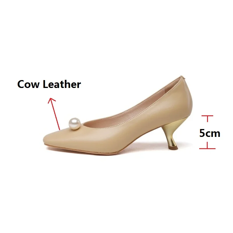

LeShion Of Chanmeb New 2021 Spring Women Cow Natural Genuine Leather Shoes Pumps Woman Gold Strange High Heels Pearls Party Shoe