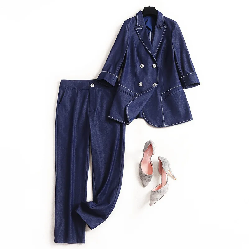

New 2020 spring Women denim blazer suit double breasted jacket notched collar 3/4 sleeve brief pants two piece outfit blue