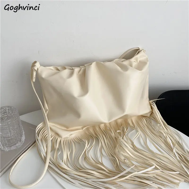 

Crossbody Bags Women Large Capacity Tote Bag Tassel Soft PU Leather Harajuku Simple Solid Street Chic Shopping Travel New Bolsa