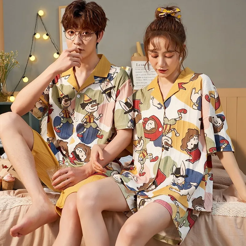 

New Summer Lovers Homedress Pajamas Women's Short Sleeve Nightgown Lapel Sleepwear Cotton Cardigan Couples Casual Home Clothing