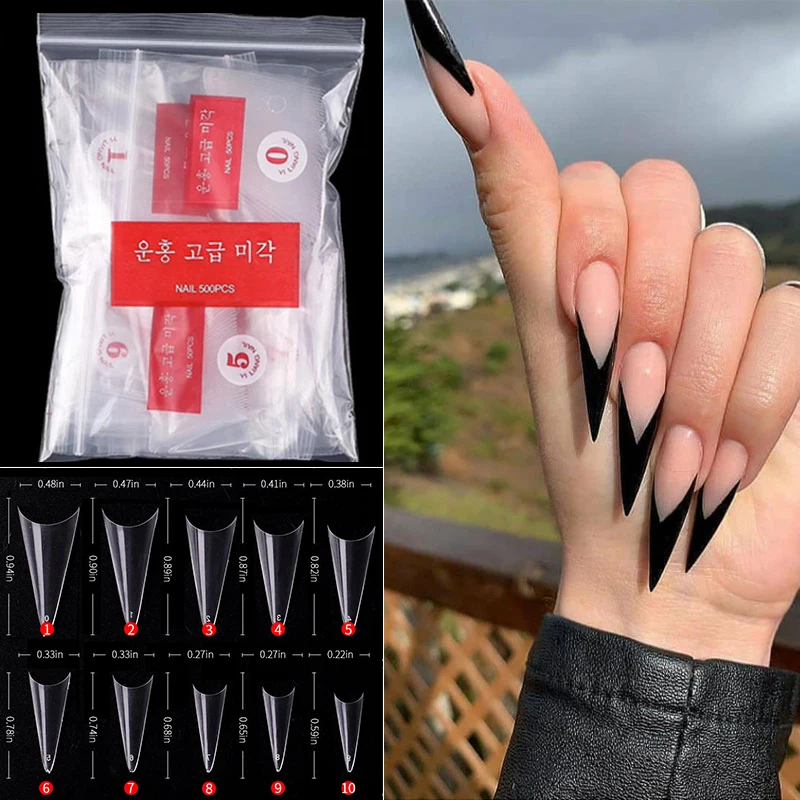 

500 шт./упак. прозрачные французские акриловые накладные ногти на шпильке длинные острые полностью закрывающие прозрачные накладные ногти д...