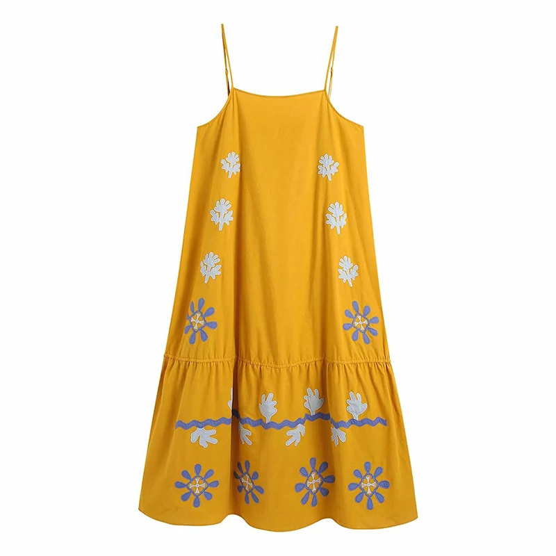 

2021 Women's Fashion Sexy Embroidery Sling Adjustable Mini Dress Orange Vintage Female Ruffle Beach Wind Dress
